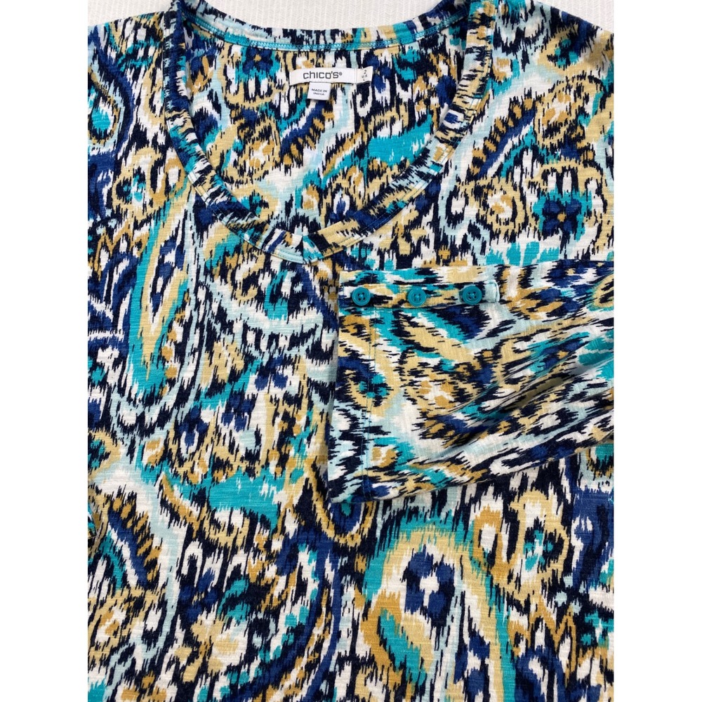 Chico's Ikat Paisley Top Size L Blue Teal Boho Coastal Lightweight Tee - Picture 6 of 10